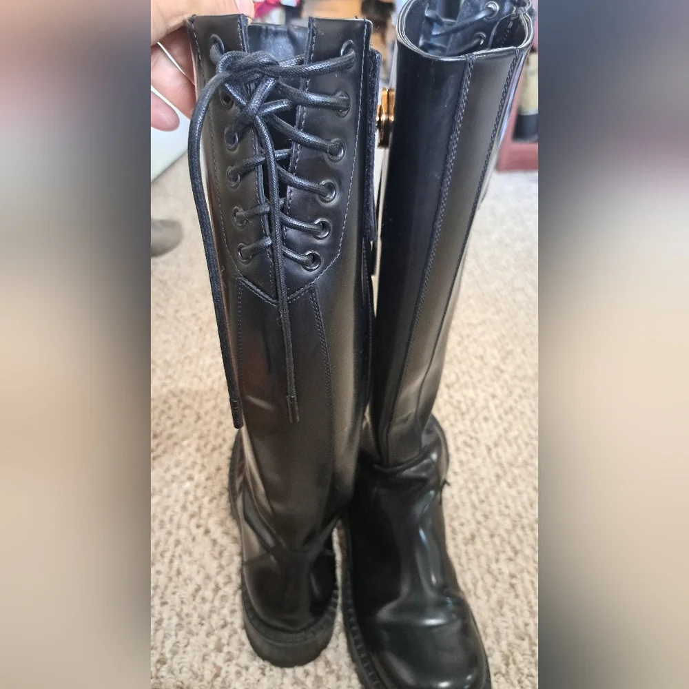 Versace Black Patent Leather Knee High Combat Boots – Gold Medusa **SEE COMMENT